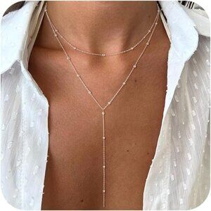Women's Y Layered Bead Necklace-Sl 14K Gold Plated Layered CZ Chain Jewlery